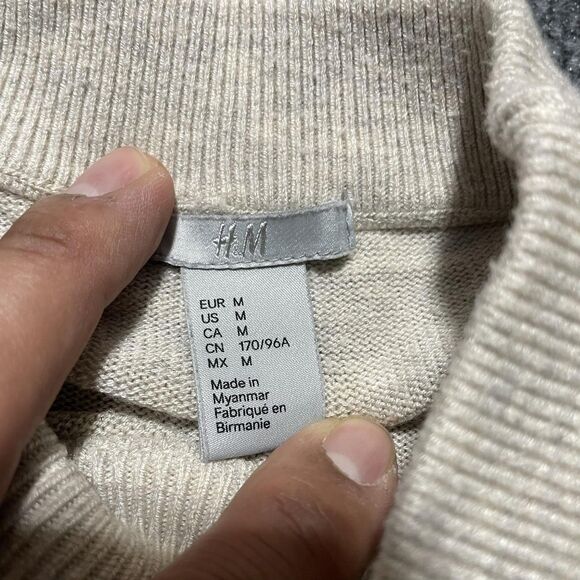H&M Sweater Mens Medium Beige Mock Neck Pullover Lightweight Knit Wool Blend - Picture 4 of 8